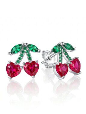 Cherry Stud Earrings with Pink and Green Gemstone